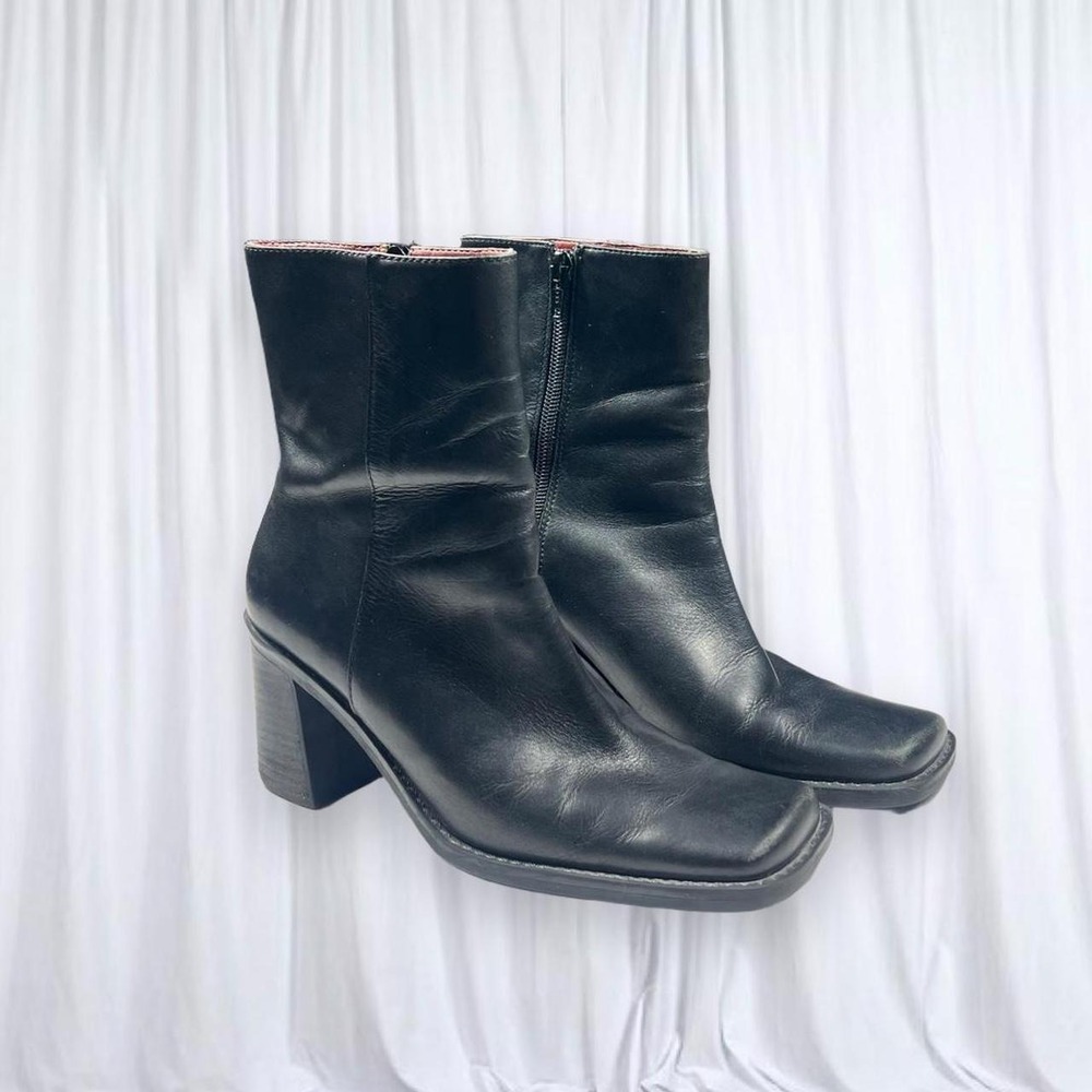 Nine West Black Leather Square Toe Heeled Ankle Boots Vintage 90s Y2K
